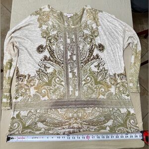 Dressbarn Women’s 2X Beaded Paisley Knit Tunic Blouse, Beige Olive, Long Sleeve
